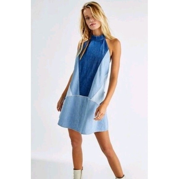 Free People Rising Sun Denim Mini Dress Halter 70s Open Back Hippie Festival Lrg - Picture 3 of 16